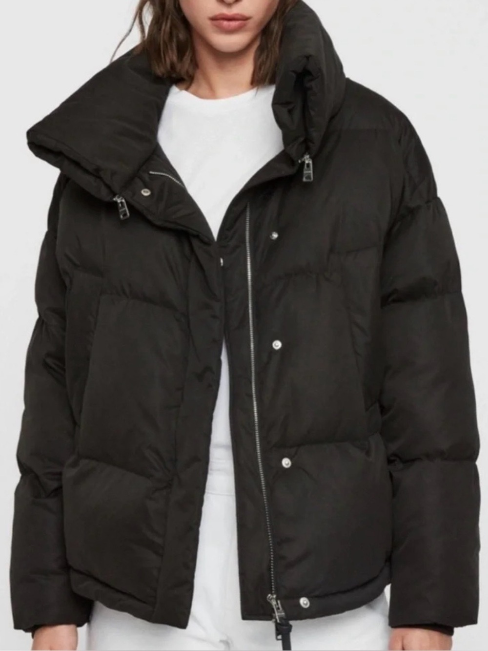 All Saints Black Short Puffer Jacket with Zip Collar